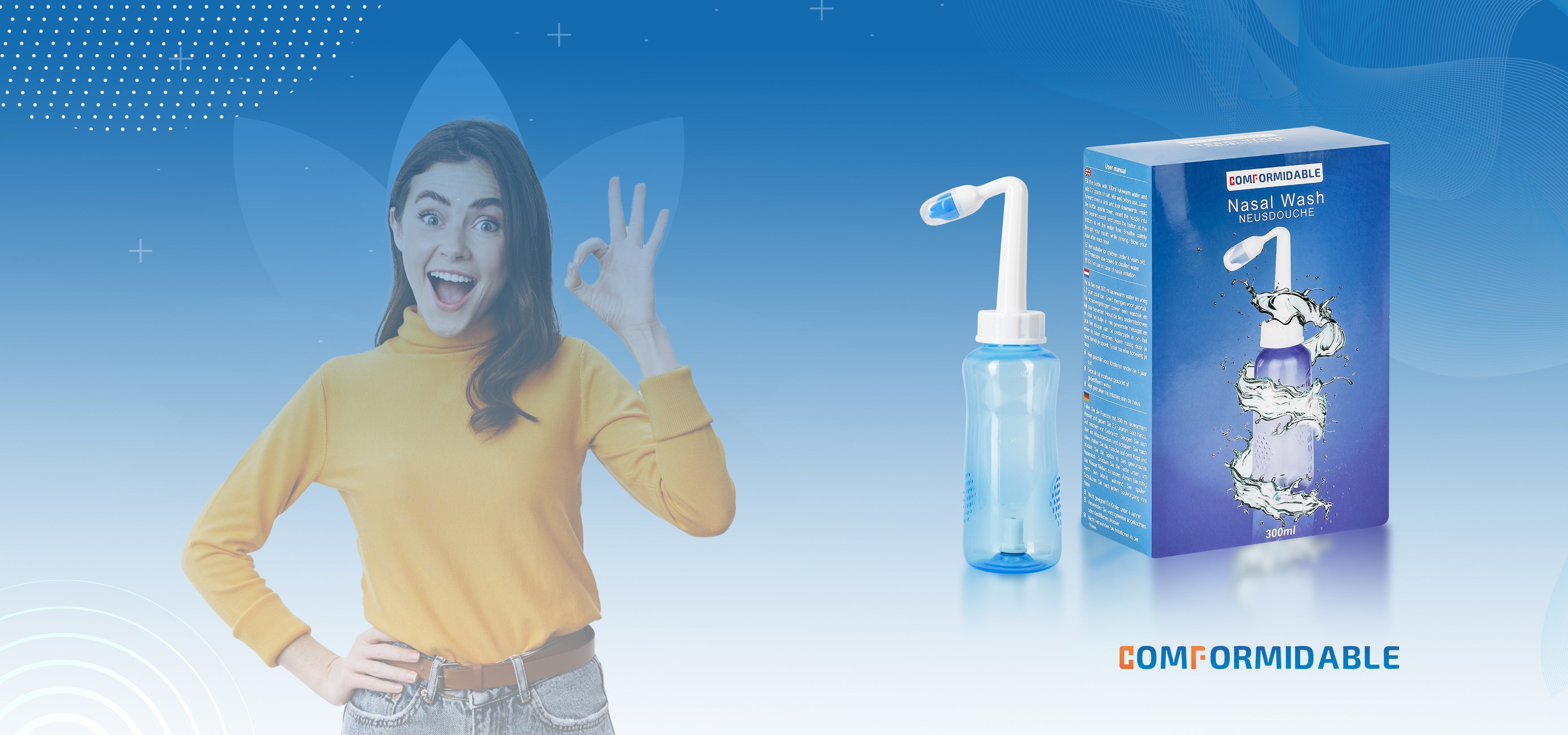 Afbeelding van een neusdouche met verpakking van het merk Comformidable, met de slogan 'Adem vrij, voel je beter' op een blauwe achtergrond.slider_item_M8EFrz