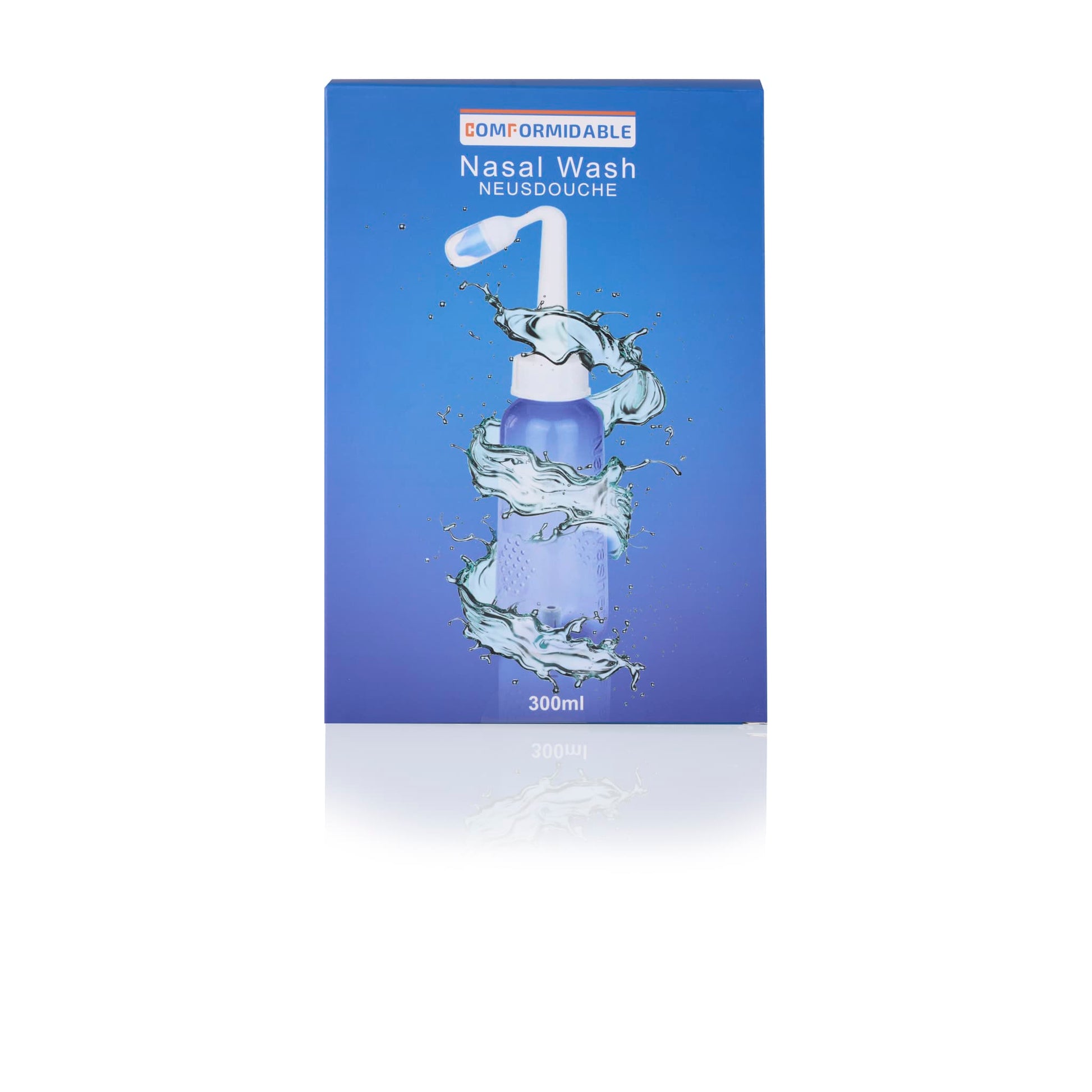Blauwe productverpakking van de Nasal Wash neusdouche met een waterige illustratie rondom de fles en duidelijke branding aan de bovenkant.