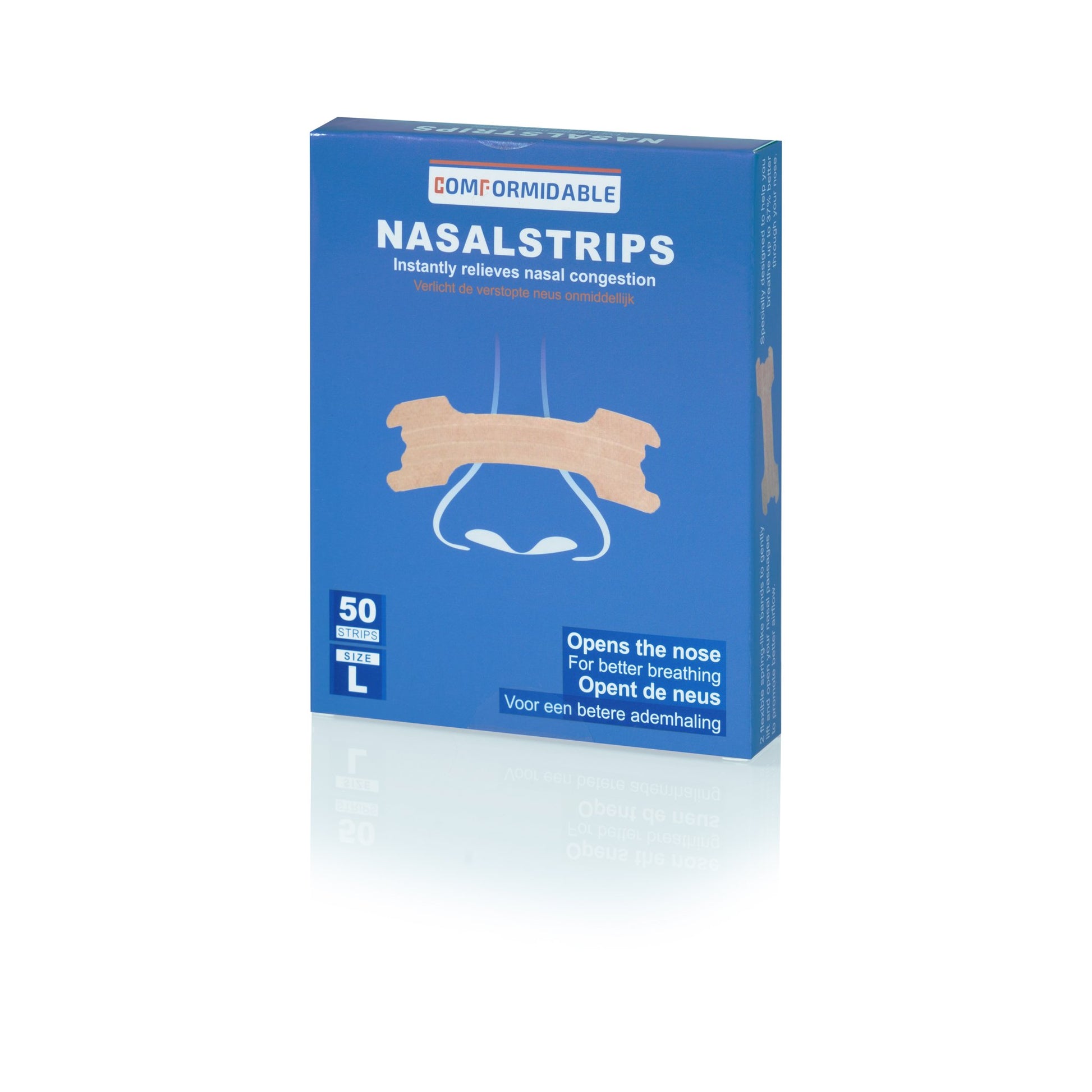 Schuine weergave van een verpakking met 50 neusstrips in maat L, geoptimaliseerd voor snurken en ademhalingsondersteuning.