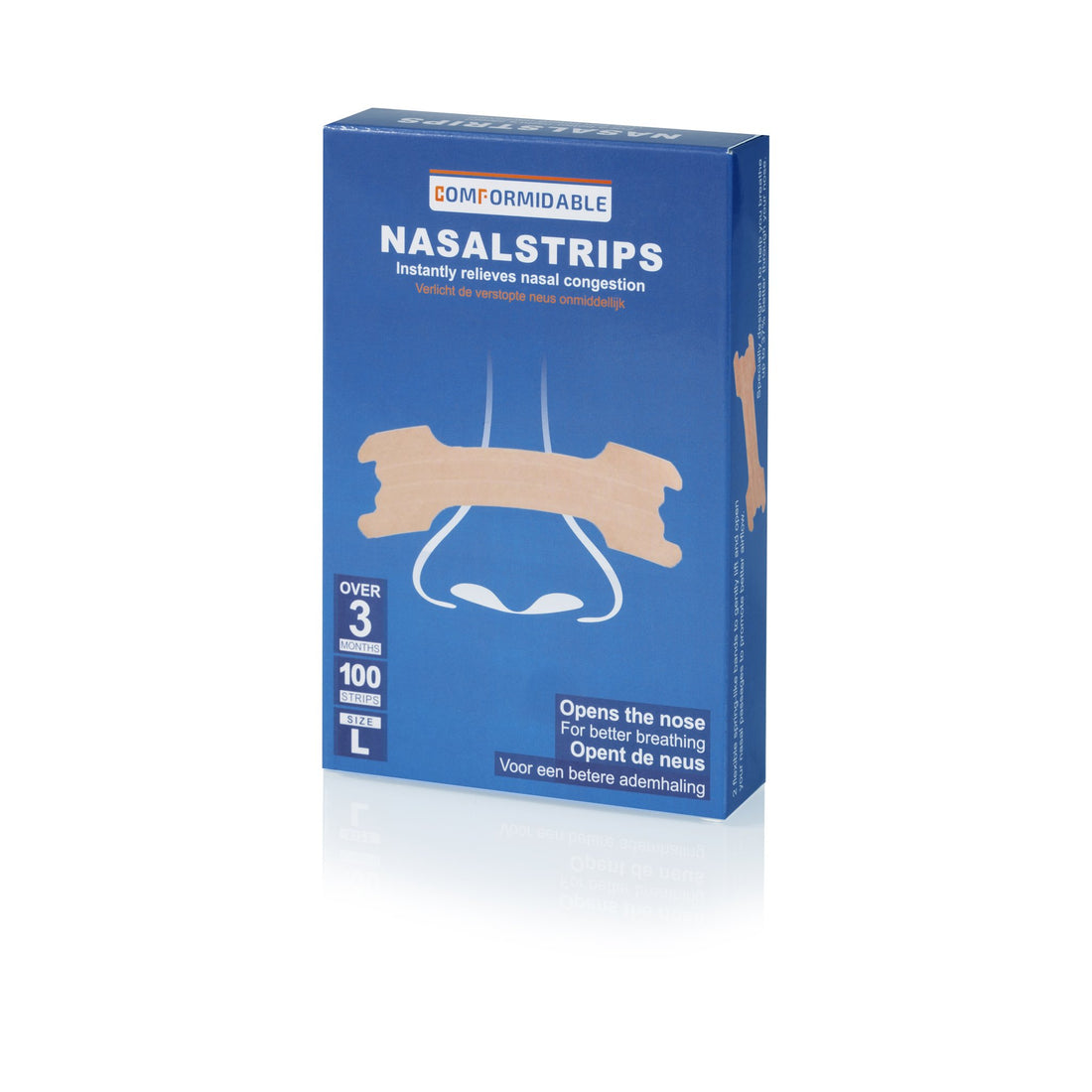 Vooraanzicht van een verpakking met 100 huidkleurige anti-snurkpleisters in maat L voor een betere ademhaling tijdens de nacht