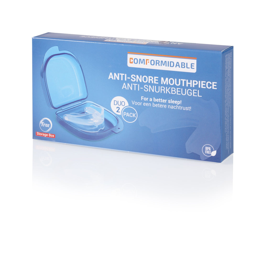 Verpakking van de anti-snurkbeugel duo set van Comformidable, met een afbeelding van een transparante snurkbeugel in een blauw opbergdoosje op de voorkant.