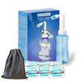 Comformidable neusdouche set met blauwe verpakking, een zwart opbergzakje, de neusdouchefles en het nasaal spoelzout