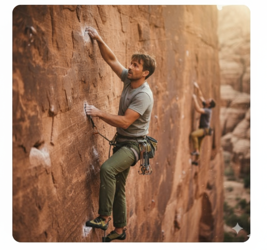 Bergbeklimmer met een comformidable neusstrip die vastgeklemd is aan een berg ergens in zuid europa of noord afrika