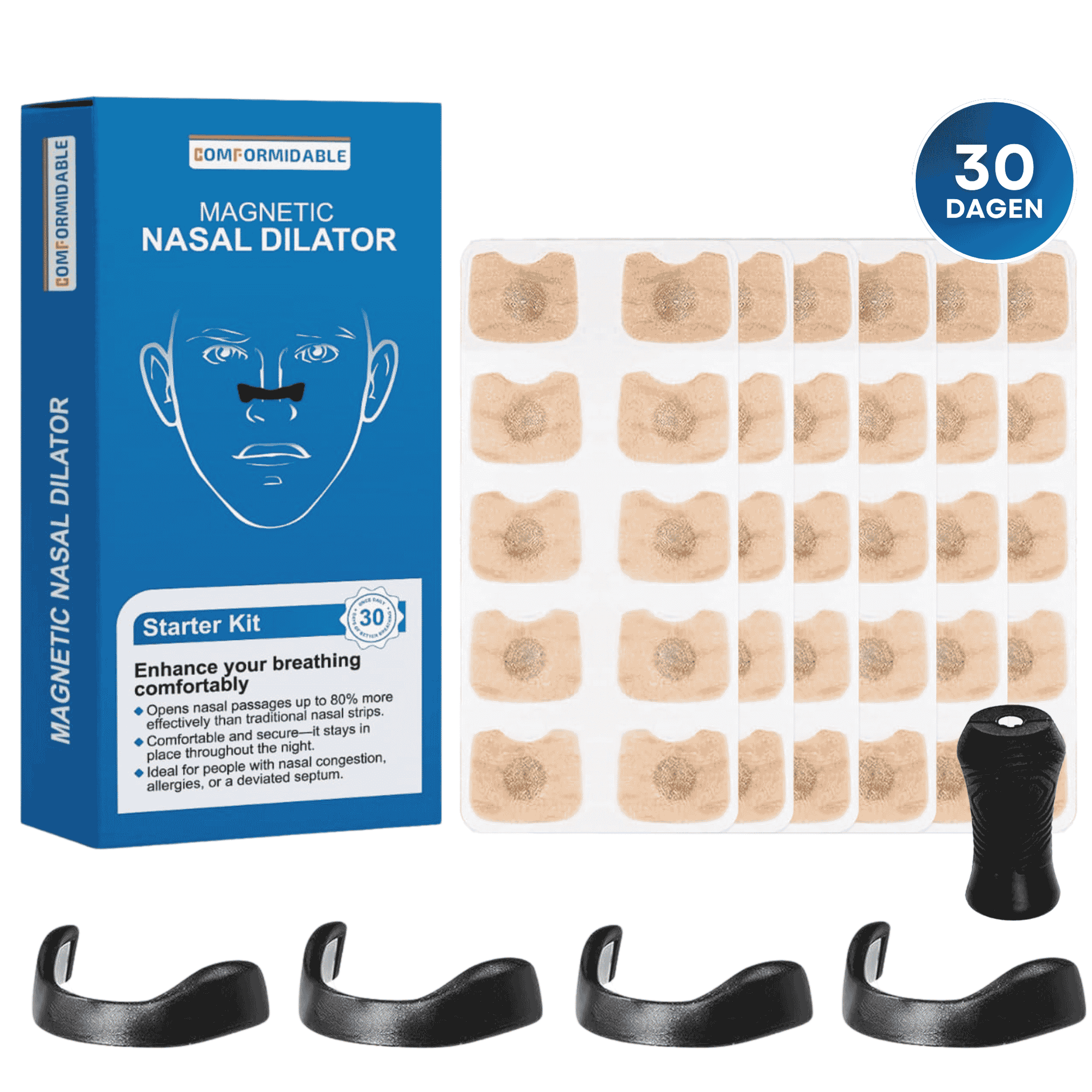 Starterkit van Comformidable magnetische neusdilator met verpakking, 30 pleisters, vier maten neusbanden en een magneethouder – voor verbeterde neusademhaling.