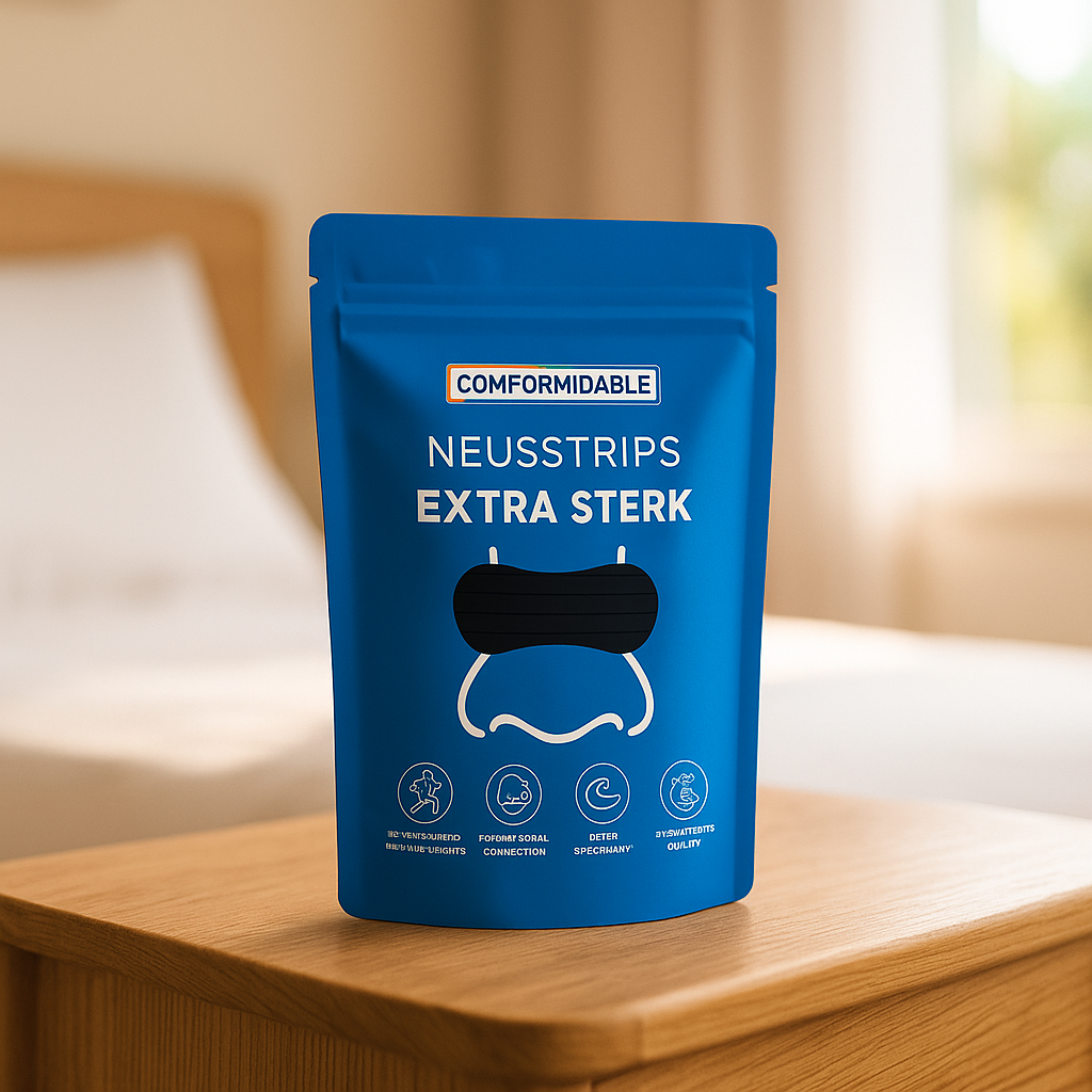 blauwe gripzakverpakking van comformidable neusstrips extra sterk. met daarbij een zwarte neusstrip en een button met 30 stuks