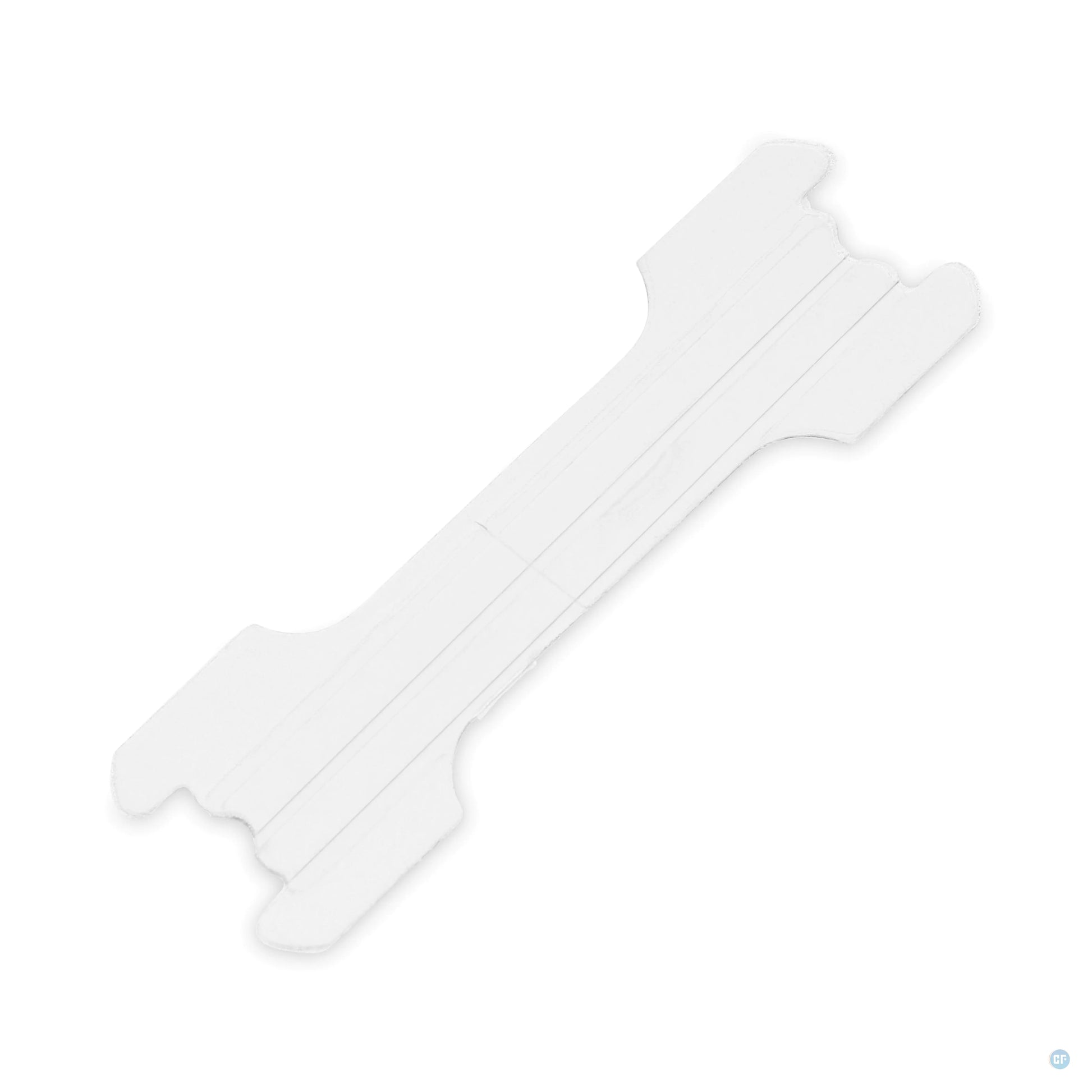 Een enkele transparante Comformidable neusstrip, ontworpen voor het openen van de neus om beter te ademen, weergegeven tegen een witte achtergrond.