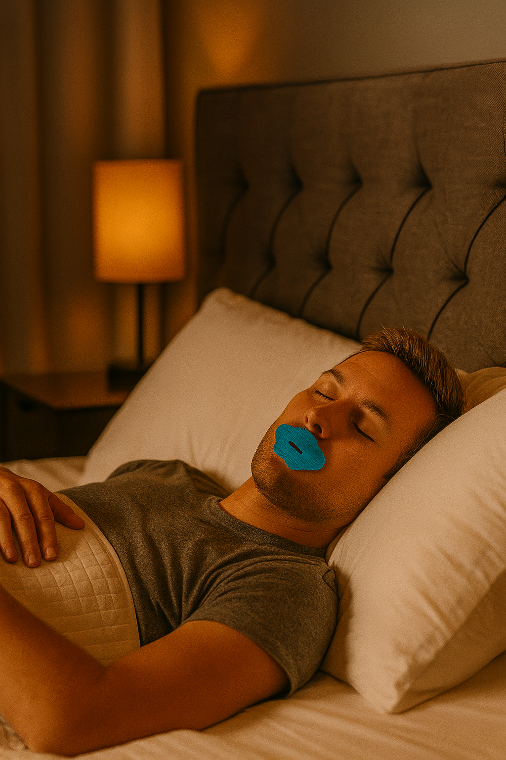 Slapende man met blauwe Comformidable mondtape die neusademhaling tijdens de slaap stimuleert.