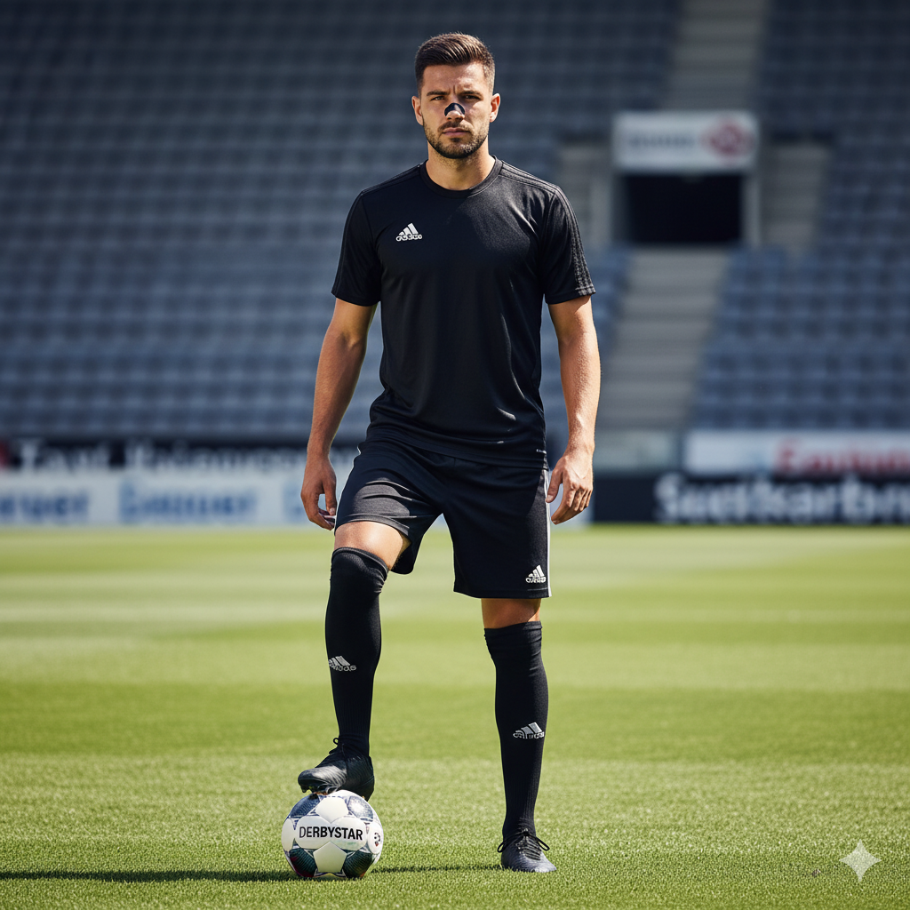 Een voetballer die in een adidas tenue te zien is. Hij poseert en heeft een zwarte neusstrip van Comforidable op zijn neus.
