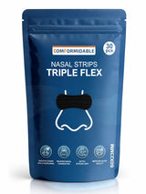 Vorderansicht der dunkelblauen Comformidable Nasal Strips Triple Flex Verpackung, 30 Stück, 60x23 mm.