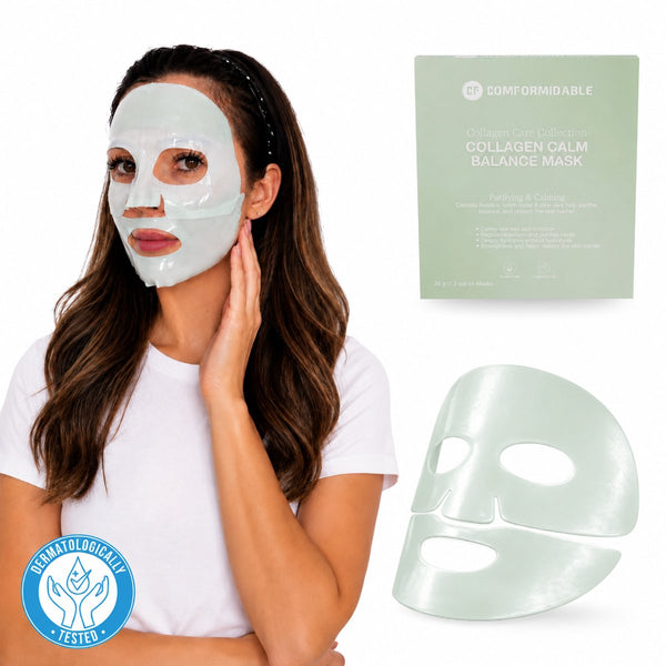 Model mit Comformidable Collagen Calm Balance Mask, zweiteilige grüne Hydrogel-Kollagenmaske, mit Verpackung