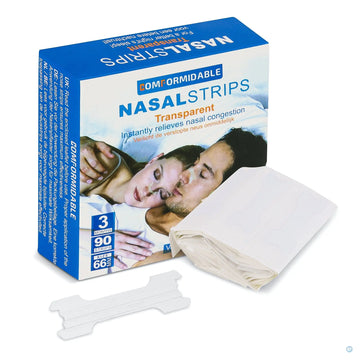 Verpakking van Comformidable transparante neusstrips, bevat 90 stuks, gebruikt in een blogbericht over de effectiviteit en het gebruik van neusstrips
