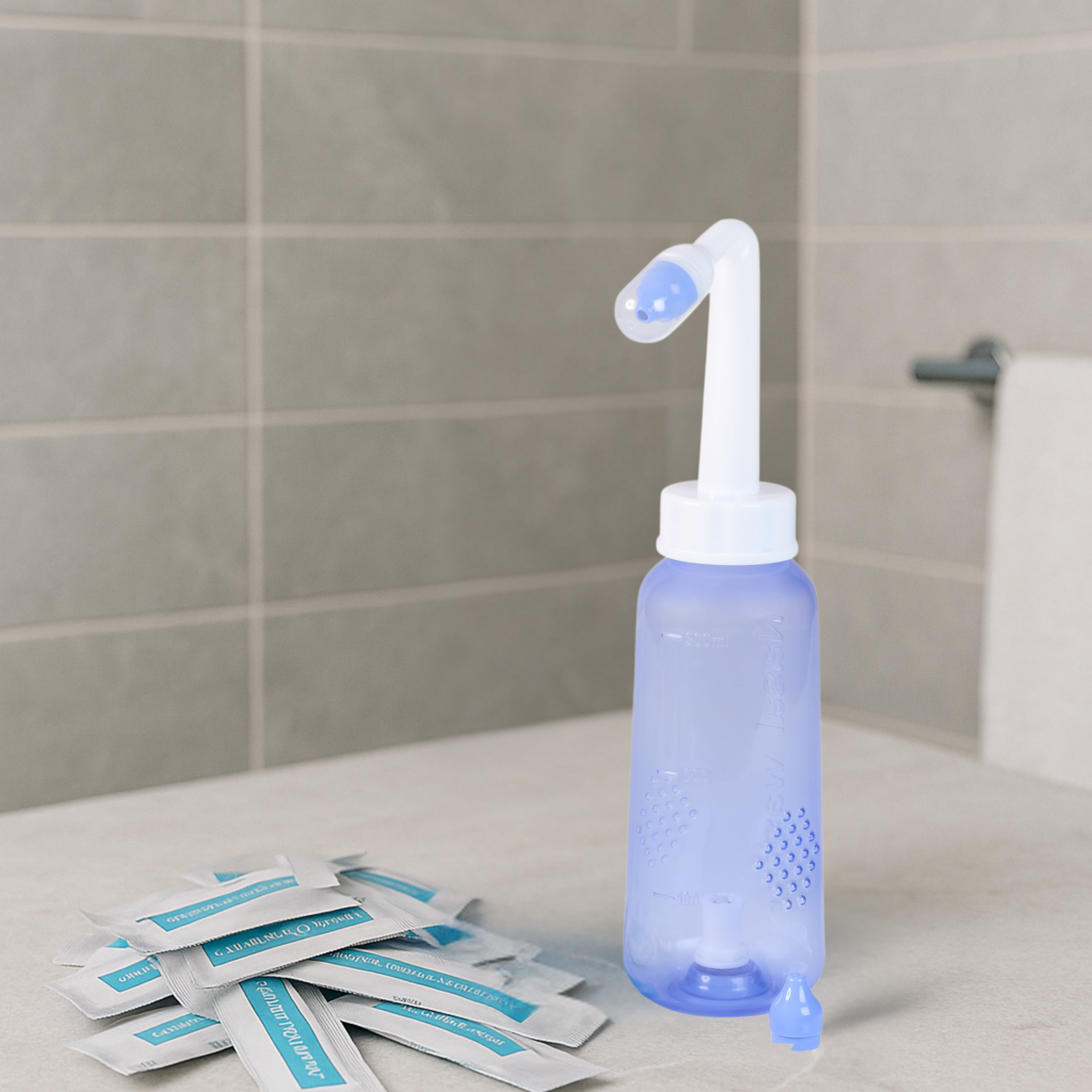 Comformidable neusdouche in badkamer op een wasbak met daarvoor zakjes spoezout