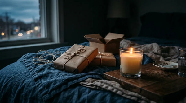 Wellness Geschenk für zu Hause: verpackte Geschenke und eine brennende Kerze auf einem Bett am Abend