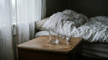 Trockener Mund in der Nacht: fast leeres Glas Wasser und Lesebrille auf einem Nachttisch neben einem ungemachten Bett