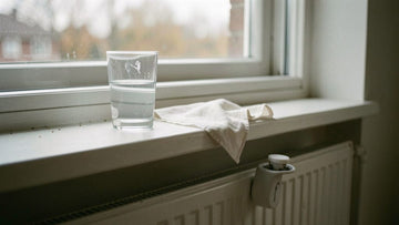 Trockene Nase durch trockene Luft: Glas Wasser und Taschentuch auf einer Fensterbank über einem Heizkörper mit Wasserverdunster