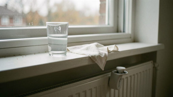 Trockene Nase durch trockene Luft: Glas Wasser und Taschentuch auf einer Fensterbank über einem Heizkörper mit Wasserverdunster