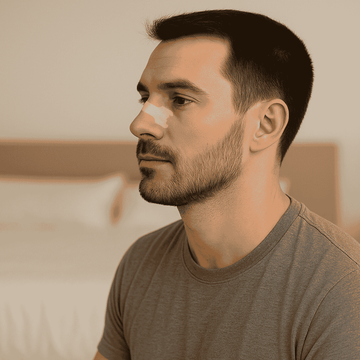 foto van het linkerzijaanzicht van een man met een baar en op zijn neusbrug een neusstrips van comformidable