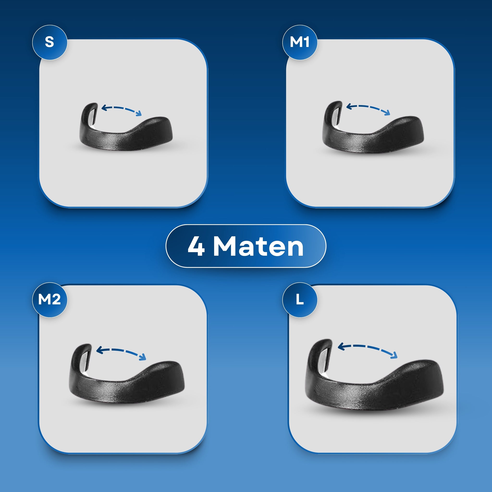 Vier magnetische neusbanden in maten S, M1, M2 en L op een blauwe achtergrond – onderdeel van anti-snurk neusstrips.