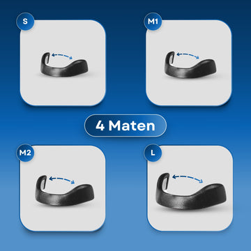 Vier magnetische neusbanden in maten S, M1, M2 en L op een blauwe achtergrond – onderdeel van anti-snurk neusstrips.