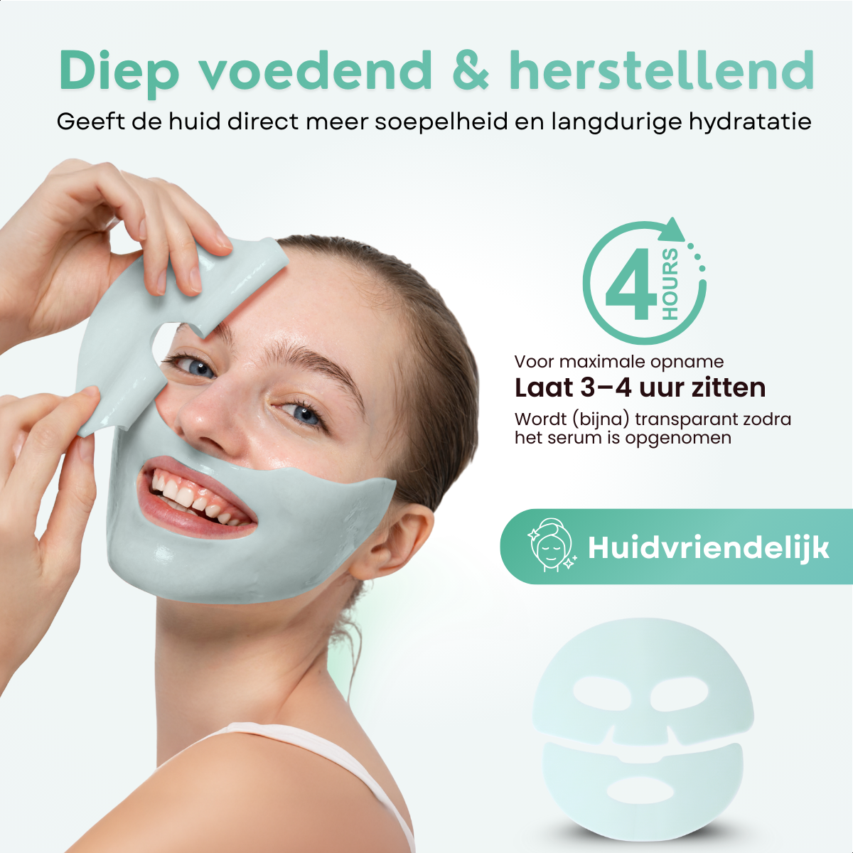 Modell mit halb aufgetragenem Kollagenmaske und Erklärung, dass die Maske 3 bis 4 Stunden getragen wird für maximale Aufnahme.