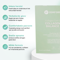 Übersichtsbild mit Symbolen und Text, die die Vorteile der Calm Balance Kollagenmaske neben der Verpackung zeigen.