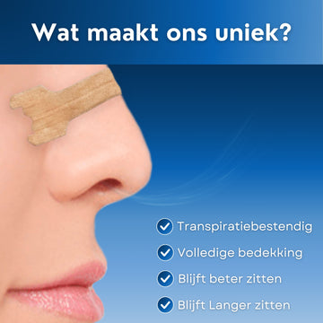 Promotieafbeelding met de tekst 'Wat maakt ons uniek?'. Een close-up van een neus met een huidkleurige anti snurkpleisters. Rechts worden de unieke kenmerken opgesomd: transpiratiebestendig, volledige bedekking, blijft beter zitten, en blijft langer zitten. De achtergrond is blauw met een licht verloop.