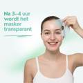 Modell mit halb aufgetragenem Kollagenmaske und Erklärung, dass die Maske 3 bis 4 Stunden getragen wird für maximale Aufnahme.
