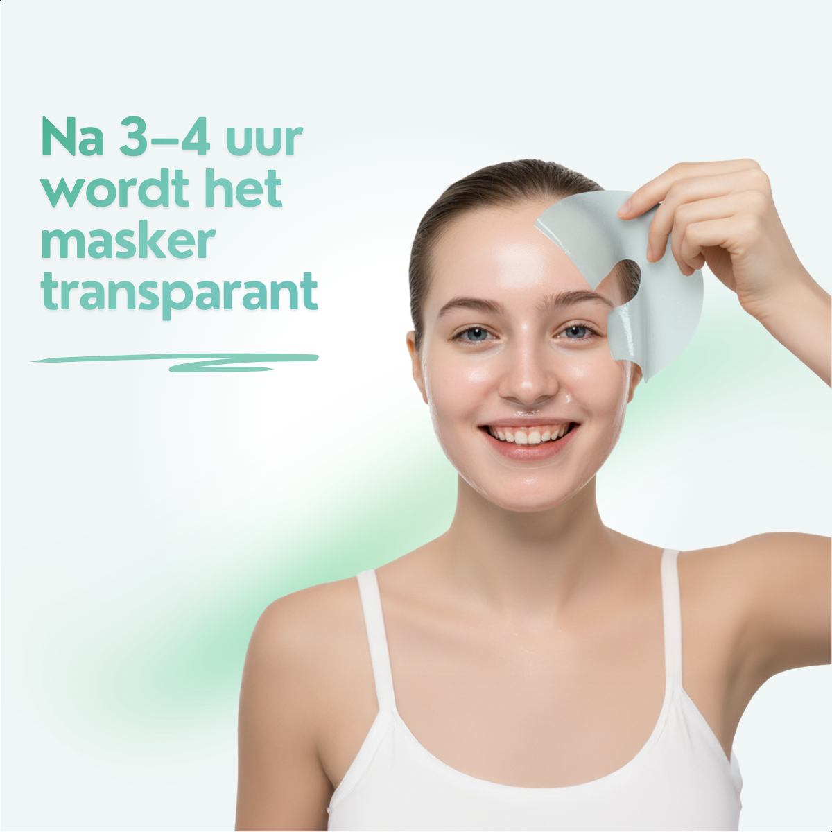 Modell mit halb aufgetragenem Kollagenmaske und Erklärung, dass die Maske 3 bis 4 Stunden getragen wird für maximale Aufnahme.