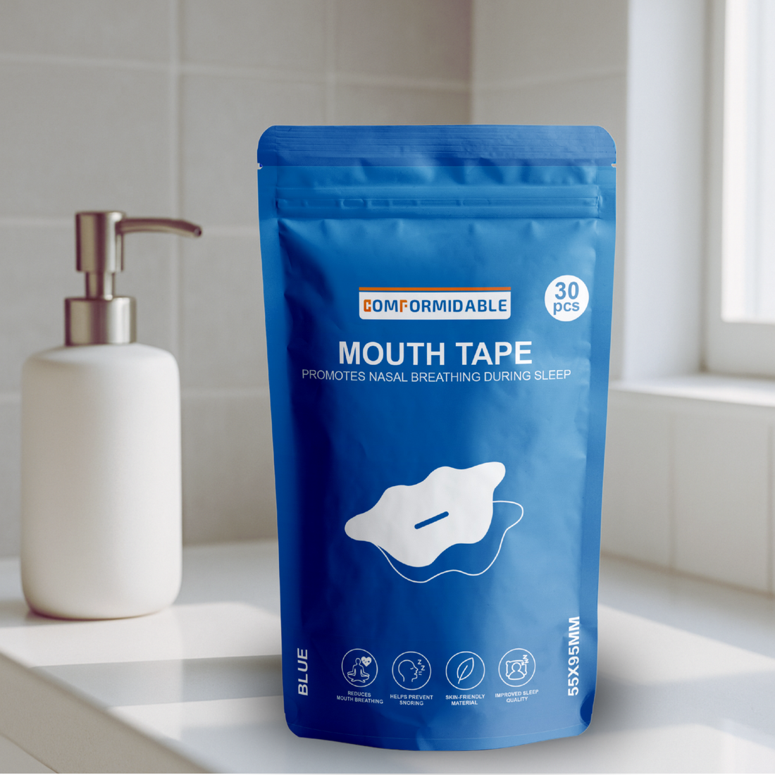 hoofdafbeelding van de comformidable mondtape. Je ziet een blauw zakje met daarop de tekst: 'mondtape, bevordert de neusademhaling tijdens de slaap.
