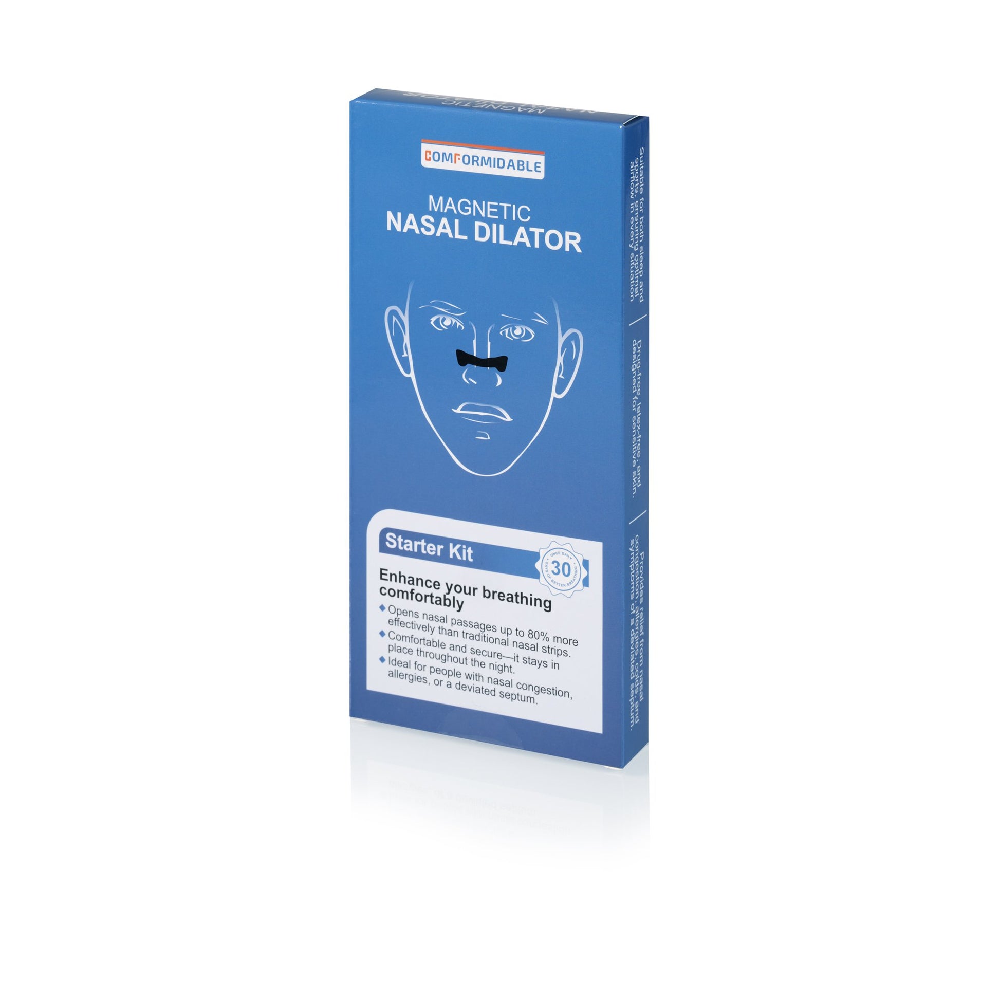 Magnetische neusdilator starterkit in schuine verpakking met anatomisch ontwerpillustratie