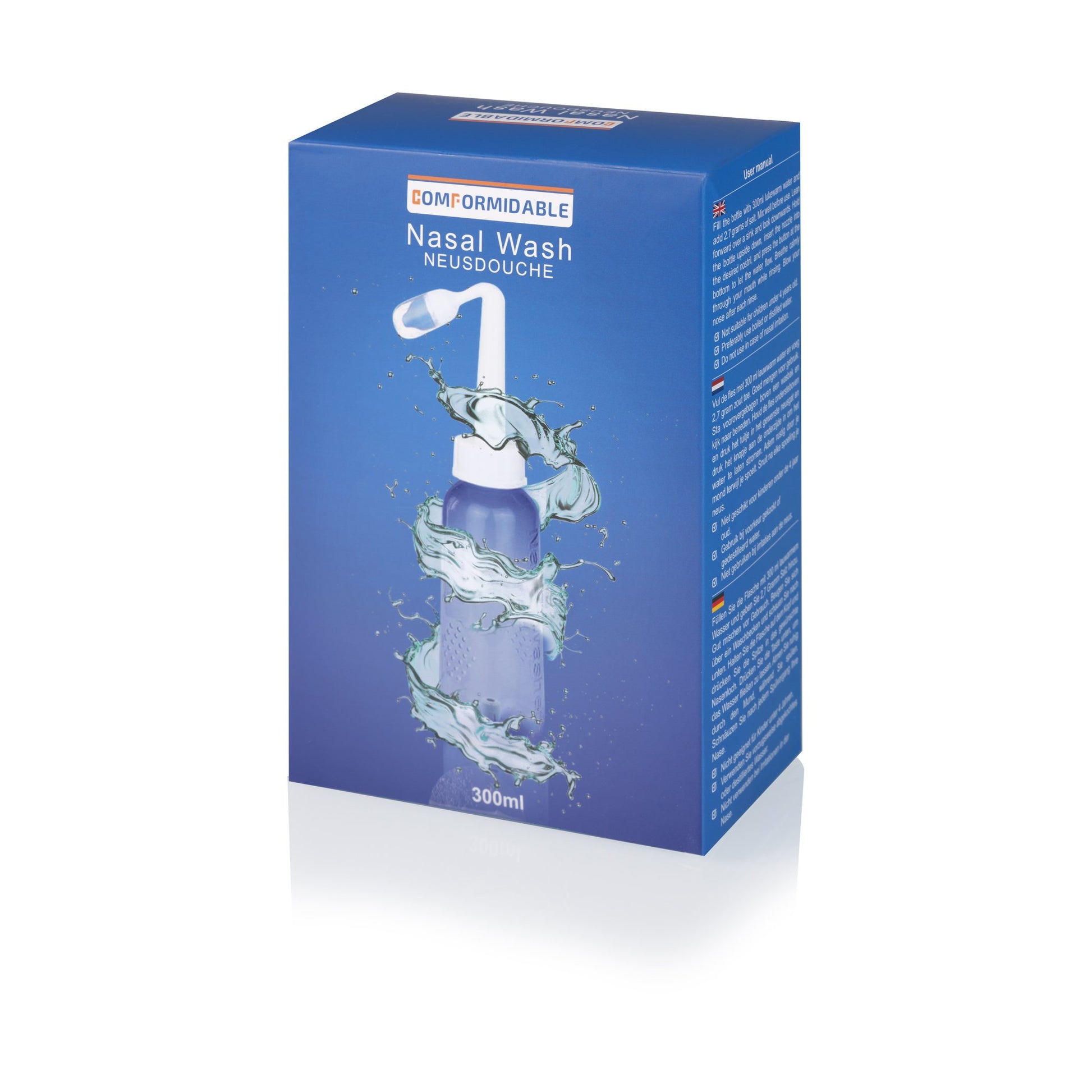 Schuine weergave van de Comformidable neusdouche verpakking, waarop de fles en spuitkop zichtbaar zijn omringd door dynamische waterillustraties.