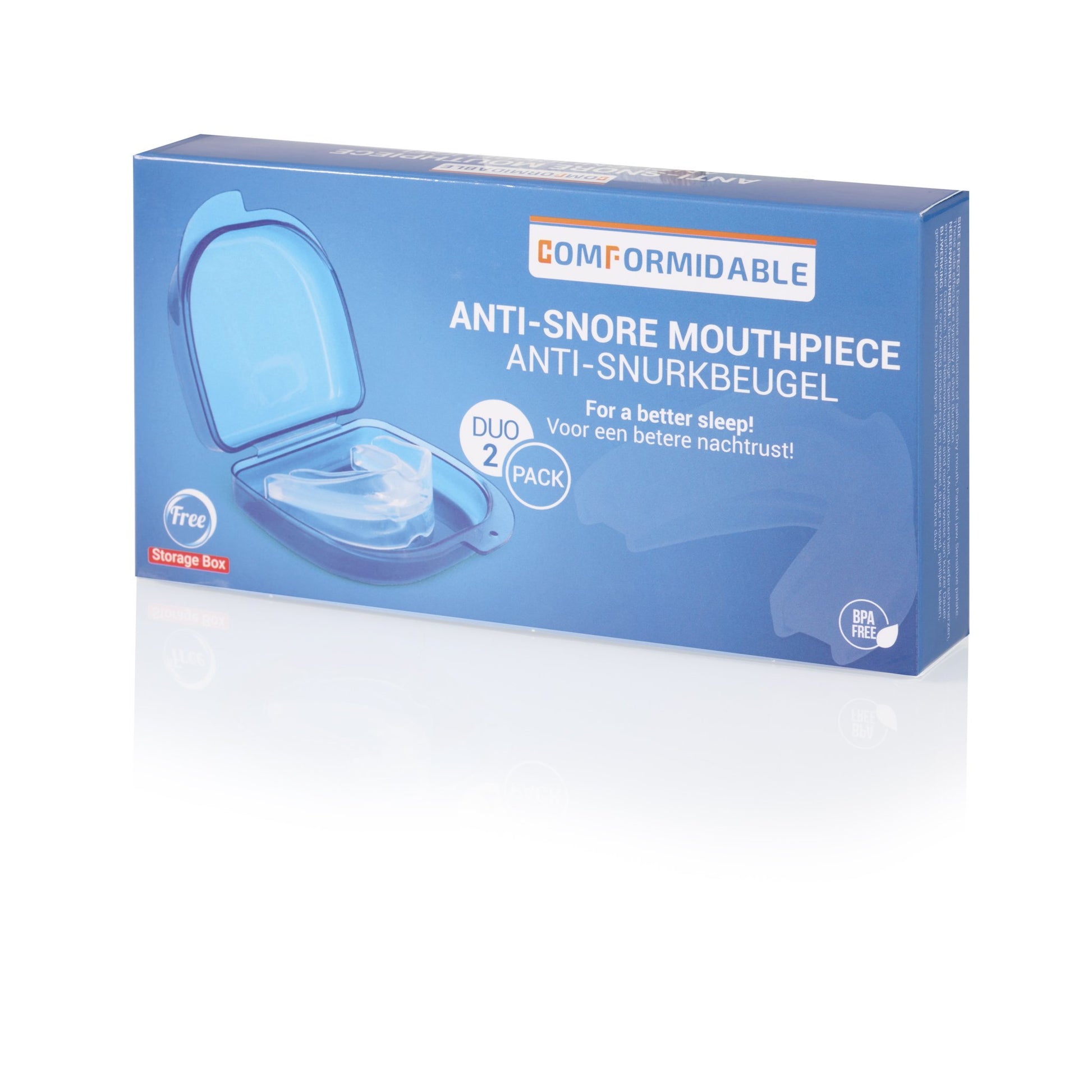 Schuine aanzicht van de anti-snurkbeugel verpakking, met duidelijke branding en een afbeelding van de beugel in het blauwe doosje.