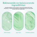 Visuelle Darstellung beruhigender Inhaltsstoffe mit Strukturen und Beschriftungen für Zaubernuss, Aloe Vera und Tigergras.