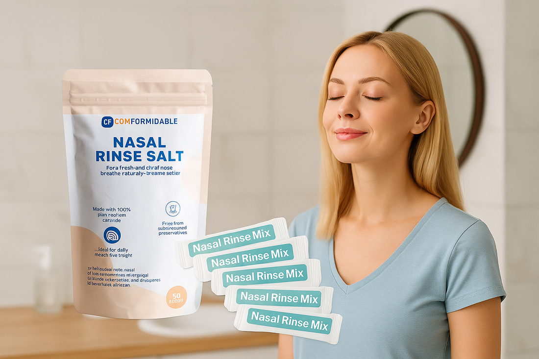 De hoofdafbeelding van Comformidable nasaal spoelzout 50 stuks. Hierop is een wit-oranje-blauwe zak te zien met de tekst: Nasal rinse salt.