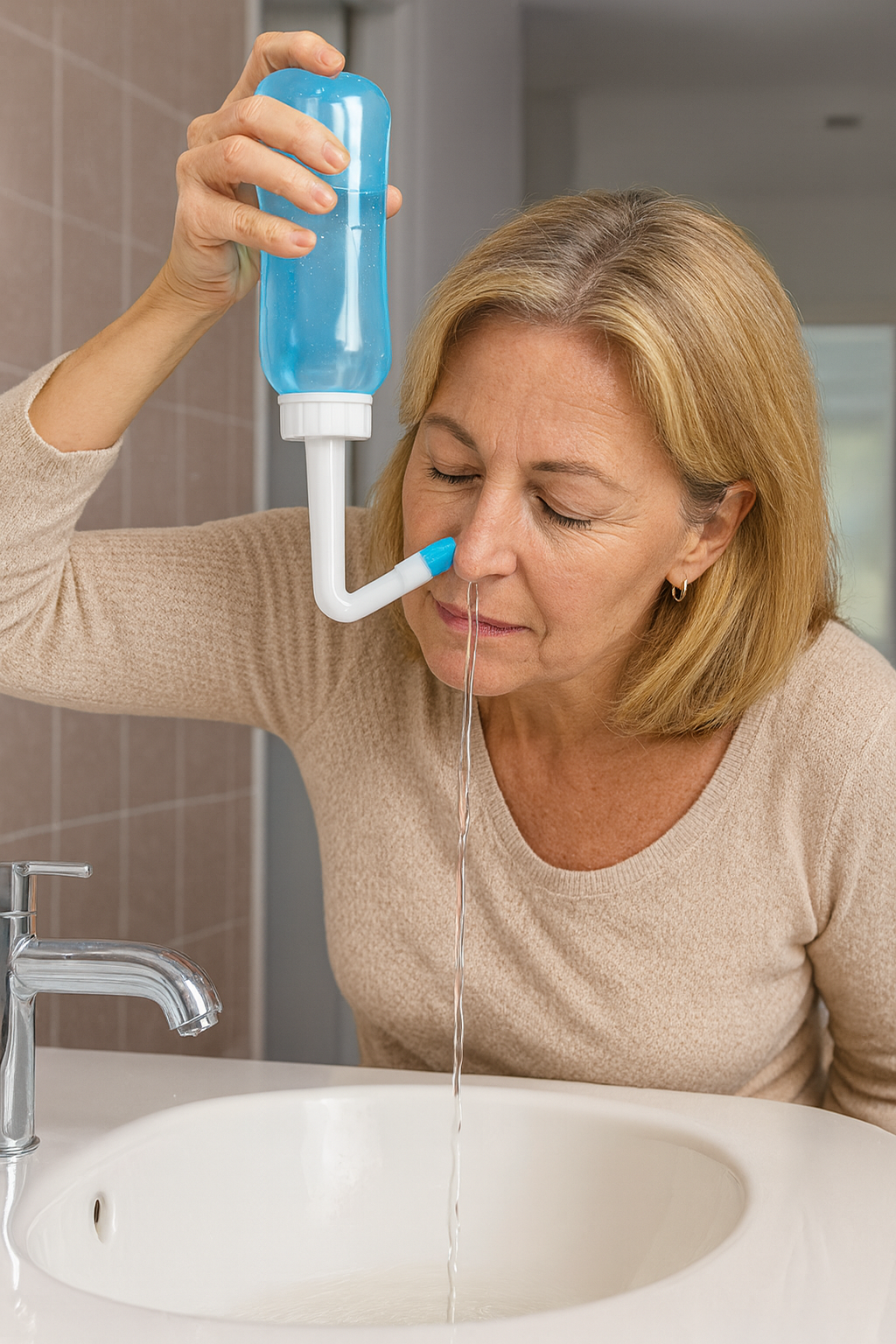 Vrouw van rond de 50 jaar die boven de wasbak haar neus schoon spoelt met een neusdouche van Comformidable