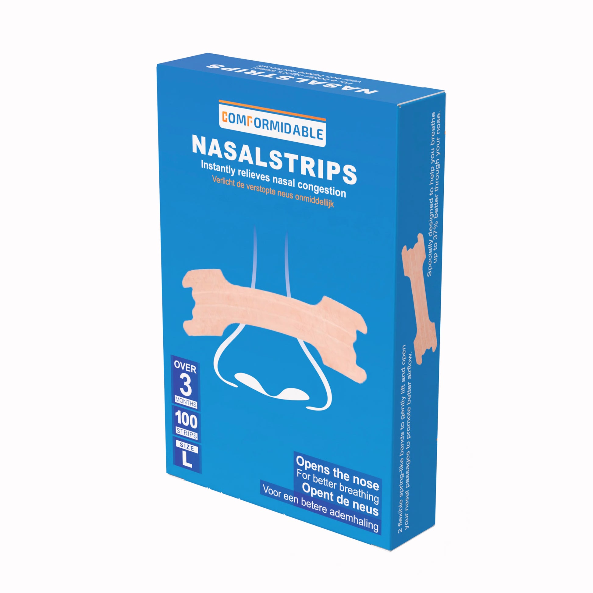 Zijaanzicht van de Comformidable neusstrips verpakking met 100 stuks en Maat L, Verlicht de verstopte neus ondmiddellijk