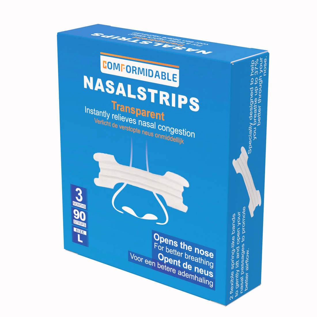 Blauwe verpakking met Comformidable transparante neusstrips 90 stuks. Verlicht de verstopte neus onmiddellijk. maat L