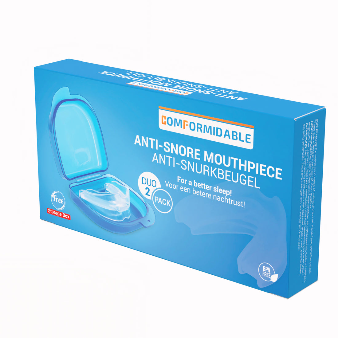 Blauwe Comformidable verpakking van anti snore mouthpiece / anti snurkbuegel duo pack