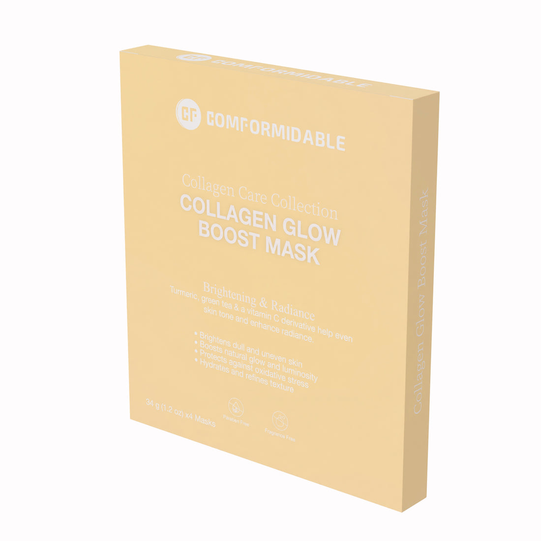 de voorkant van een gele verpakking van het Comformidable collagen glow boost mask uit de care collection