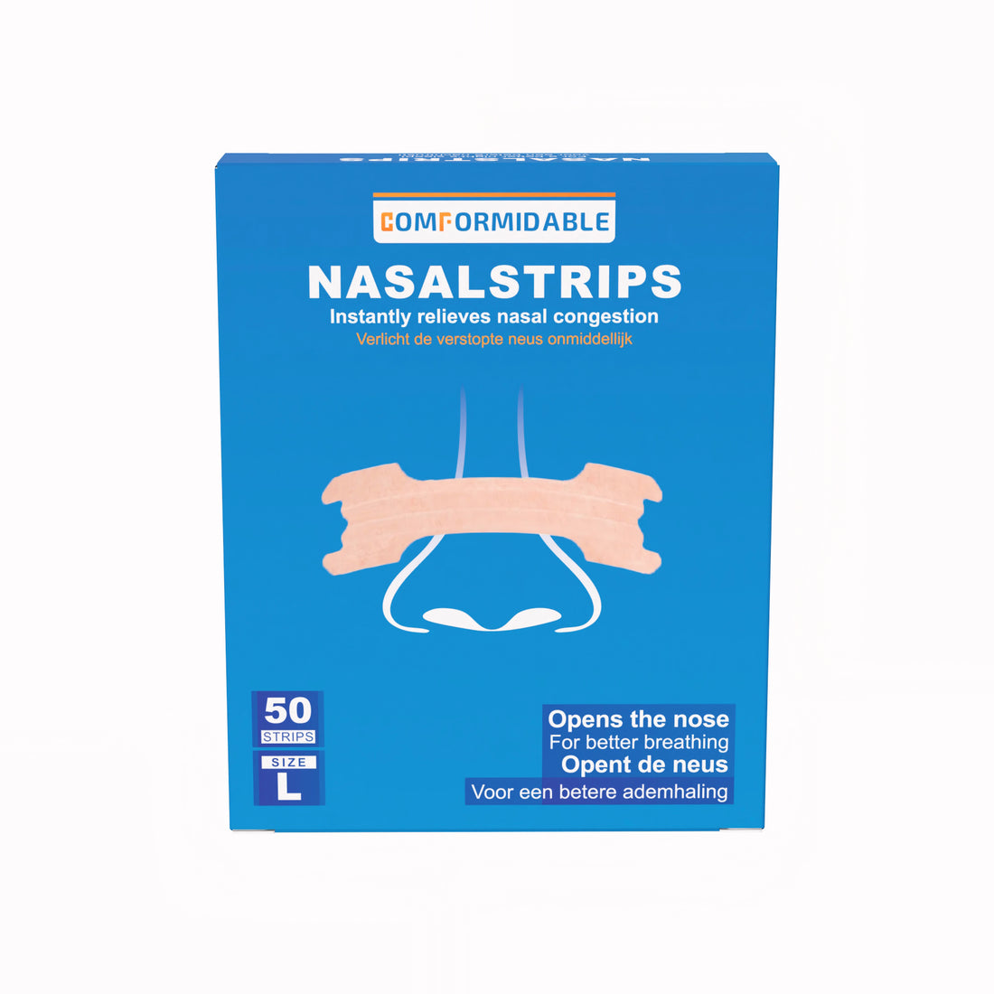 Blauwe verpakking van Comformidable neusstrips 50 stuks maat L. Verlicht de verstopte neus onmiddellijk