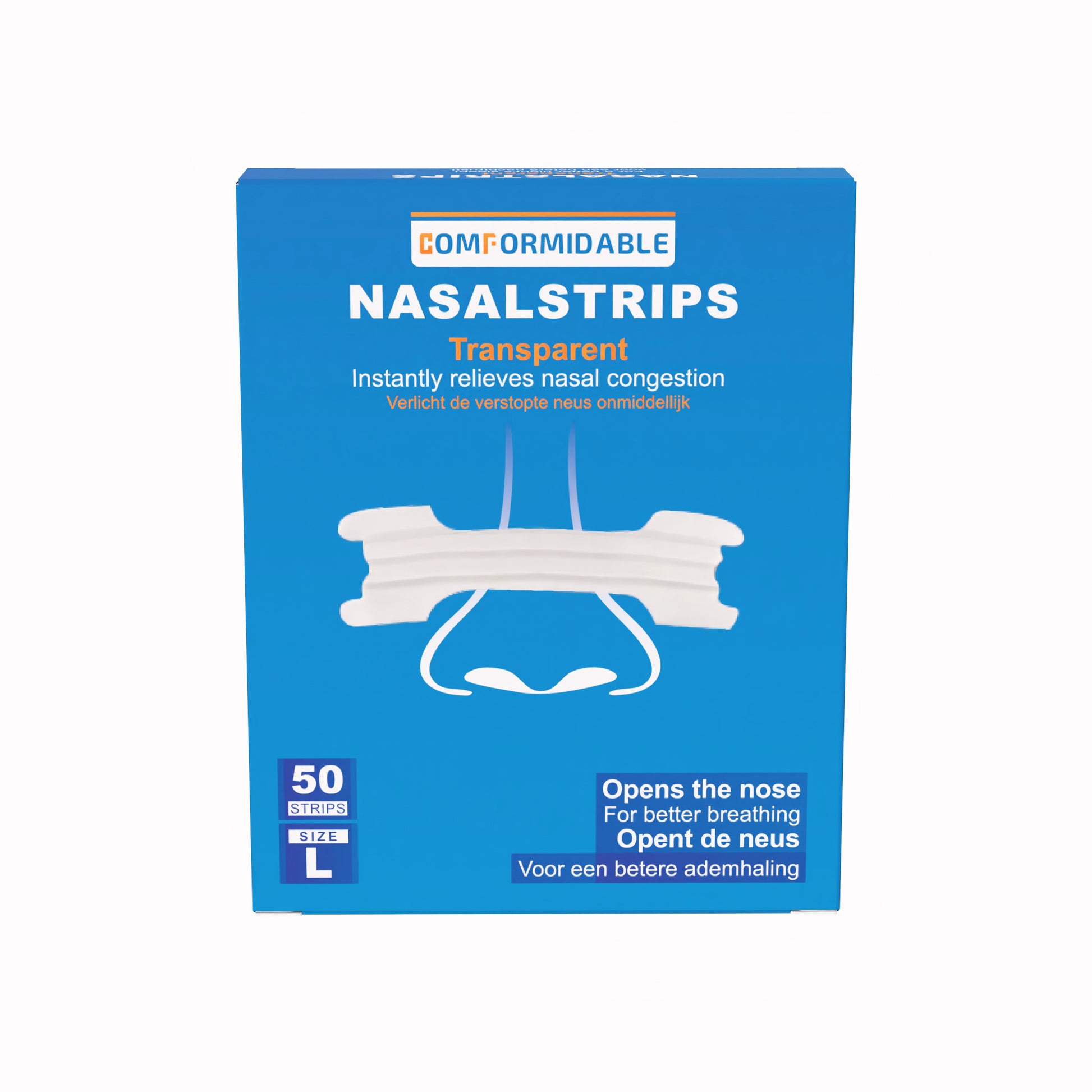 Blauwe verpakking met Comformidable transparante neusstrips 50 stuks. Verlicht de verstopte neus onmiddellijk. maat L
