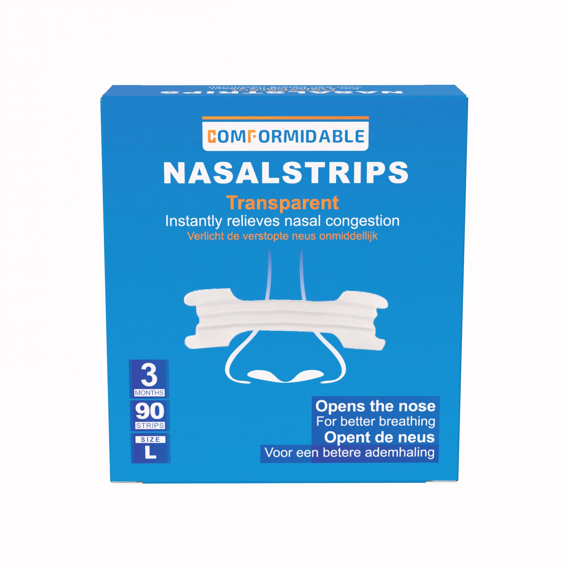 Blauwe verpakking met Comformidable transparante neusstrips 90 stuks. Verlicht de verstopte neus onmiddellijk. maat L