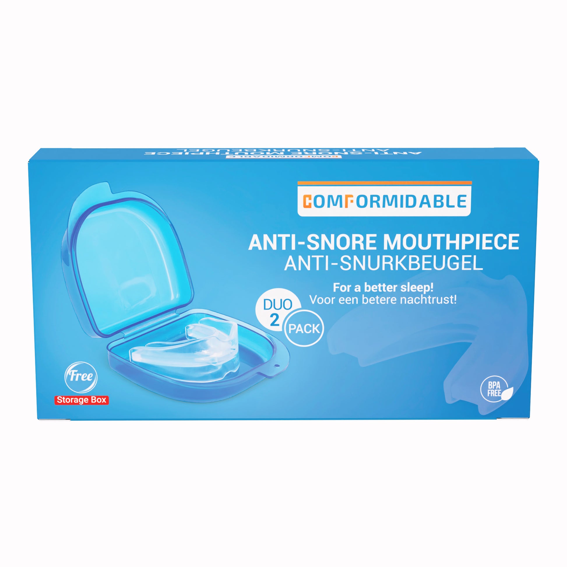 Blauwe Comformidable verpakking van anti snore mouthpiece / anti snurkbuegel duo pack