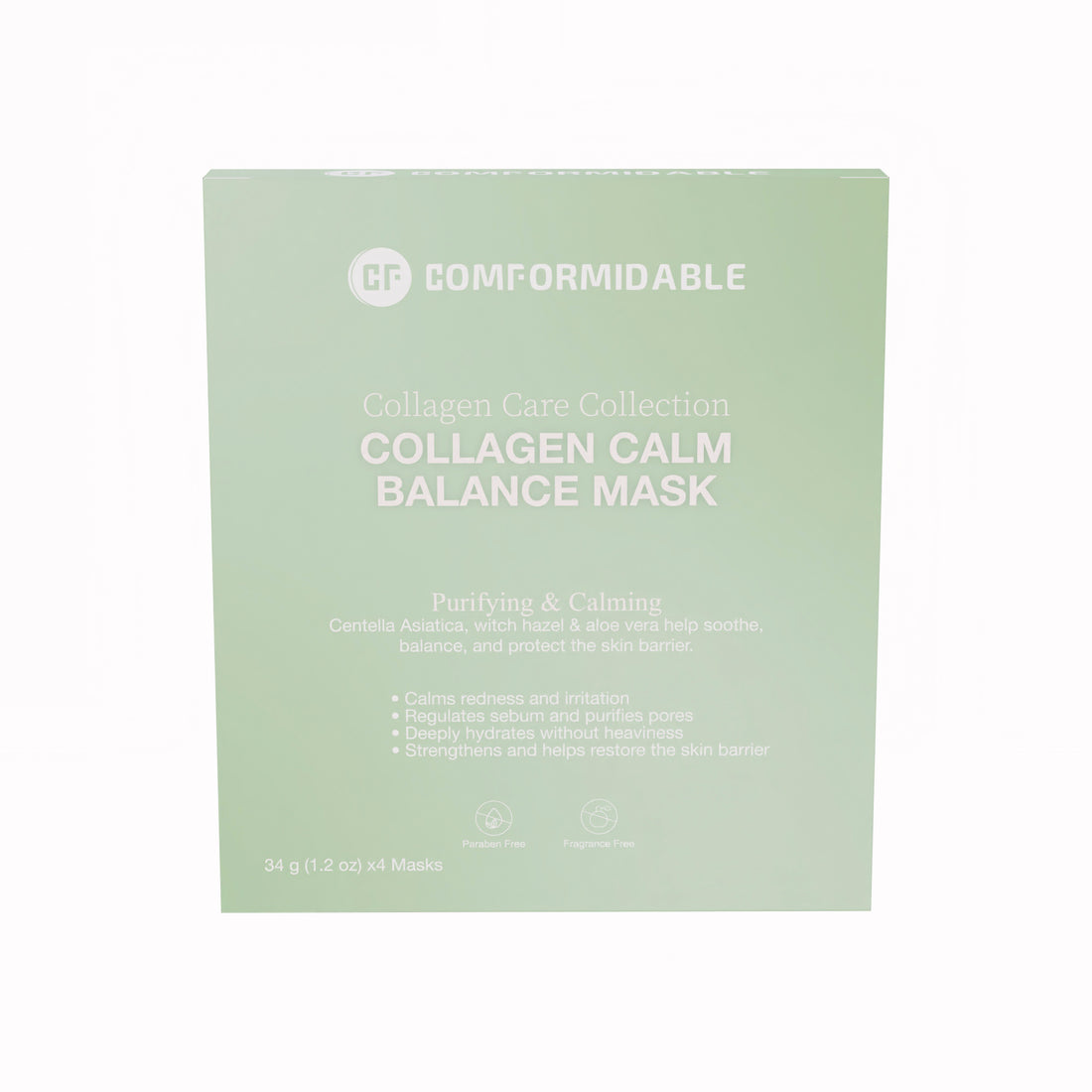 Voorkant van groene verpakking van de Collagen Care Collection van Comformidable. Dit is het calm balance mask
