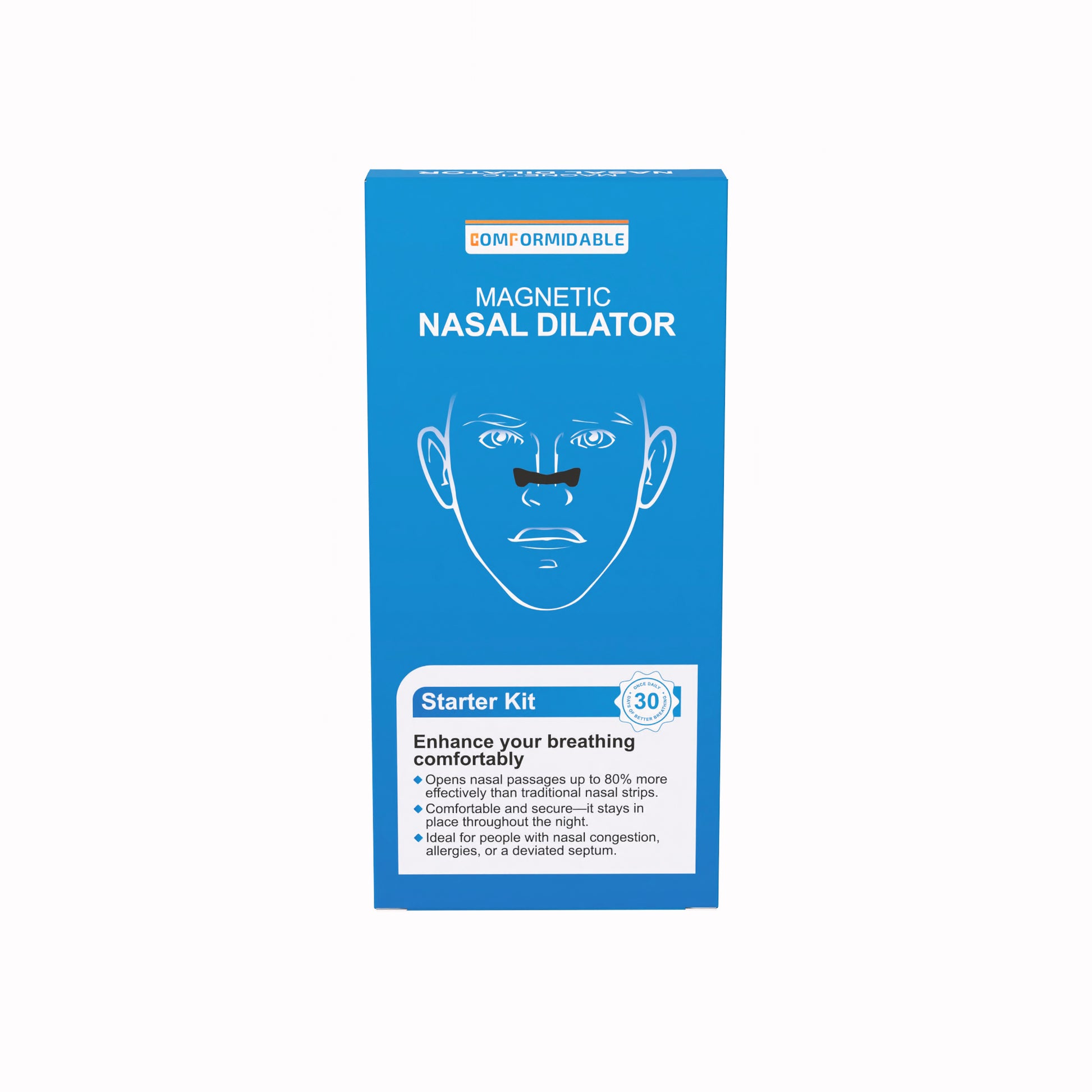 Blauwe verpakking van Comformidable magnetische neusstrips totaal pakket. Met de tekst "Magnetic nasal dilator" voor 30 dagen