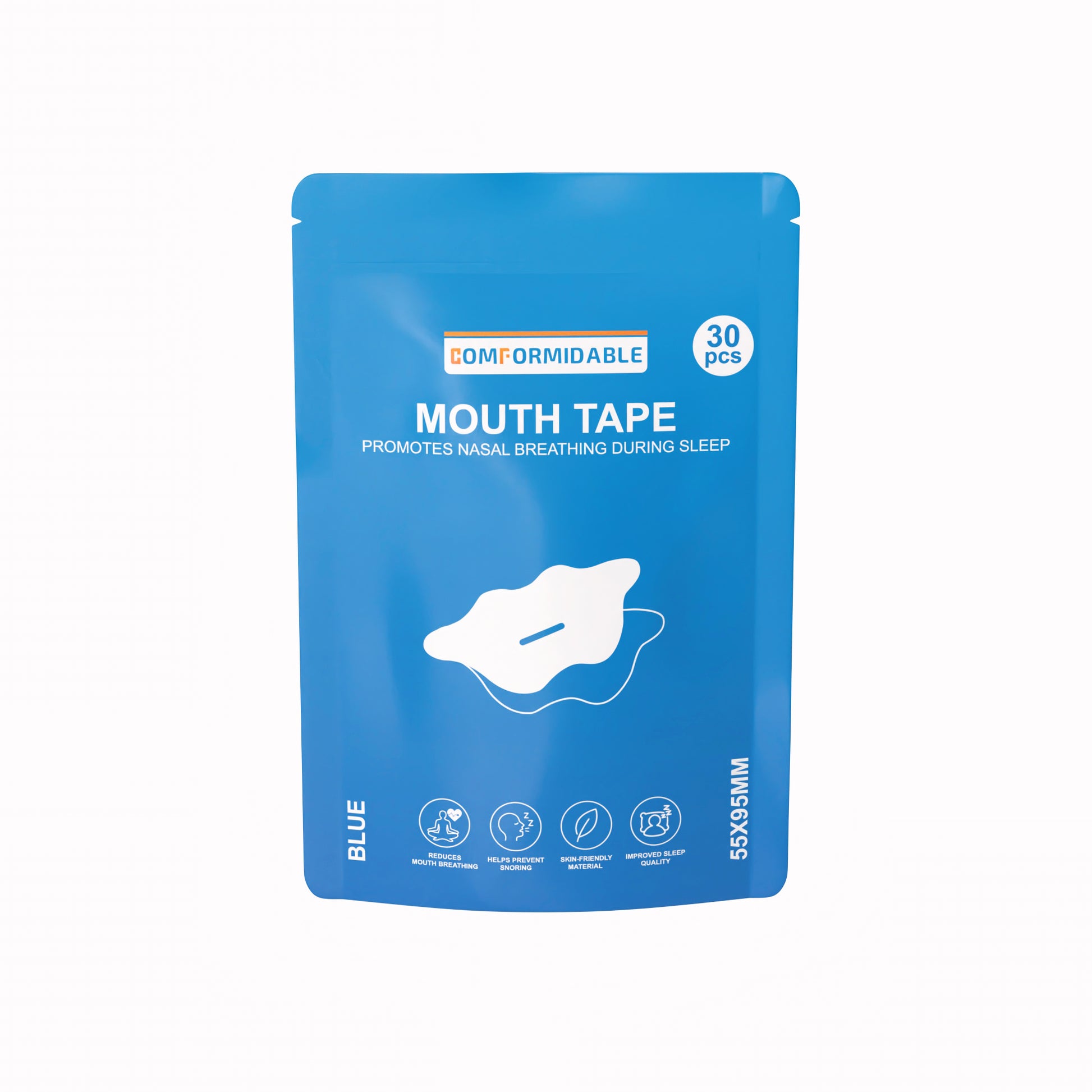 Blauwe comformidable mondtape verpakking 30 stuks vooraanzicht met de tekst "promotes nasal breathing during sleep".