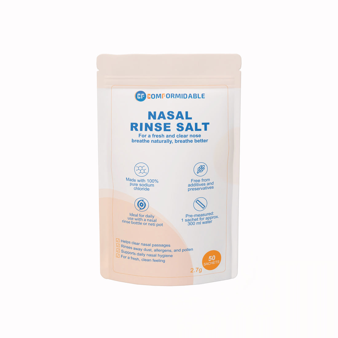 Verpakking van Comformidable nasaal spoelzout 50 stuks van 2.7gram. "Nasal rinse salt, for a fresh and clear nose breath naturally, breathe better"