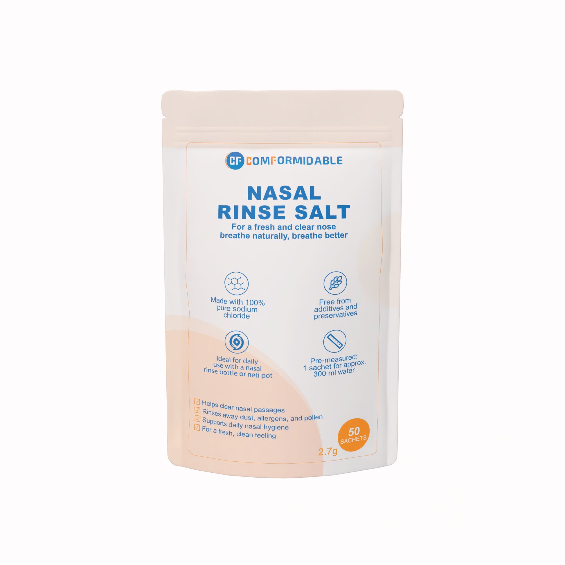 Verpakking van Comformidable nasaal spoelzout 50 stuks van 2.7gram. "Nasal rinse salt, for a fresh and clear nose breath naturally, breathe better"