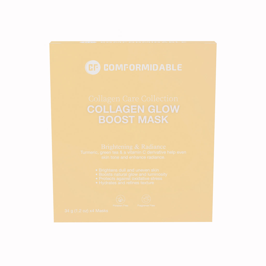 de voorkant van een gele verpakking van het Comformidable collagen glow boost mask uit de care collection