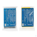 Twee verpakte Comformidable Emergency Blankets met blauw etiket, voorzien van productinformatie in meerdere talen. Links een zilverkleurige nooddeken en rechts een goudkleurige nooddeken, beide in een doorzichtige plastic verpakking. Afmetingen: 160x210 cm.